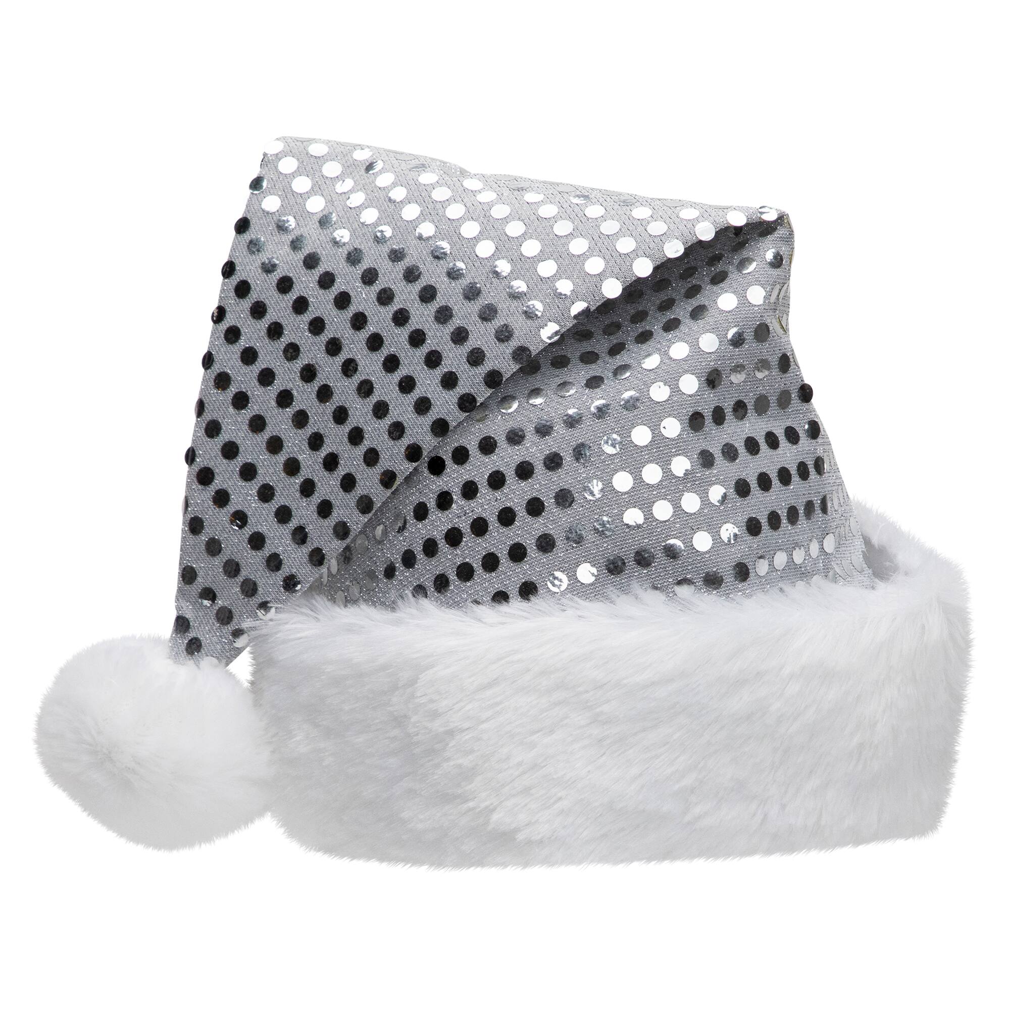 Silver & White Unisex Adult Sequined Christmas Santa Hat with Cuff